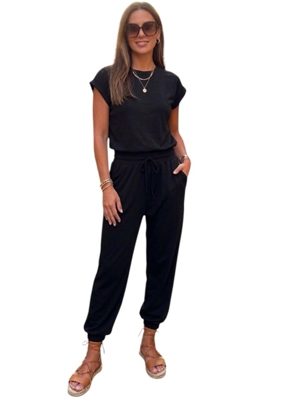 Womens Black T-shirt Jumpsuit One Piece Summer Joggers Romper Open back Medium